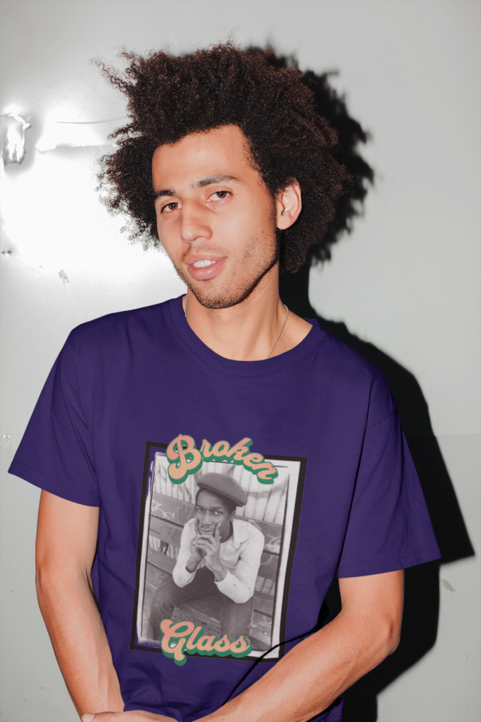 80's t shirt - grand master flash Broken Glass (Navy) with model with afro hair