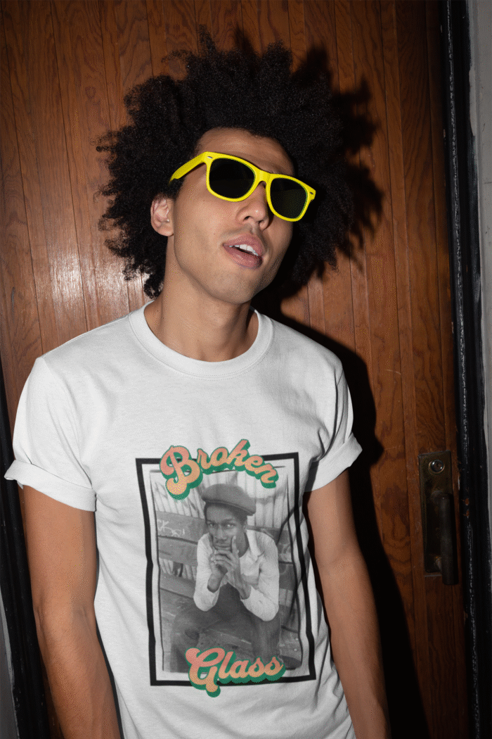 model with glasses where 0742 clothing co 0742 Broken Glass in white